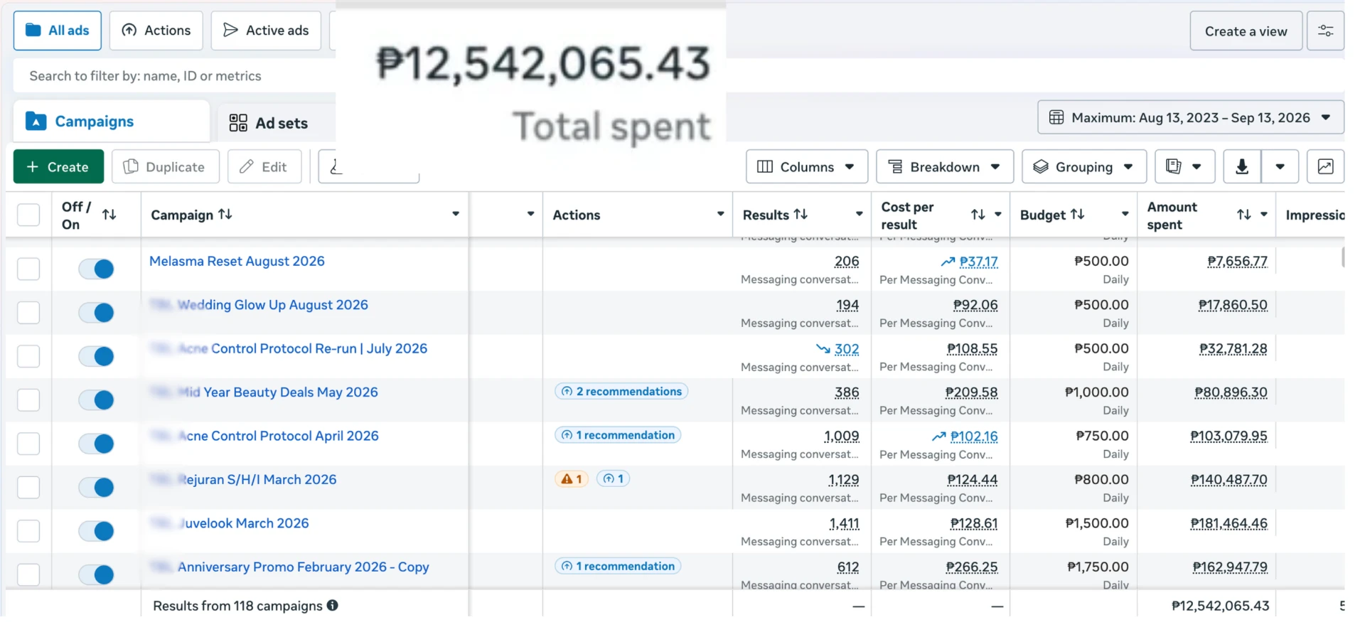 Meta Ads dashboard for the multi-branch aesthetic clinic campaign